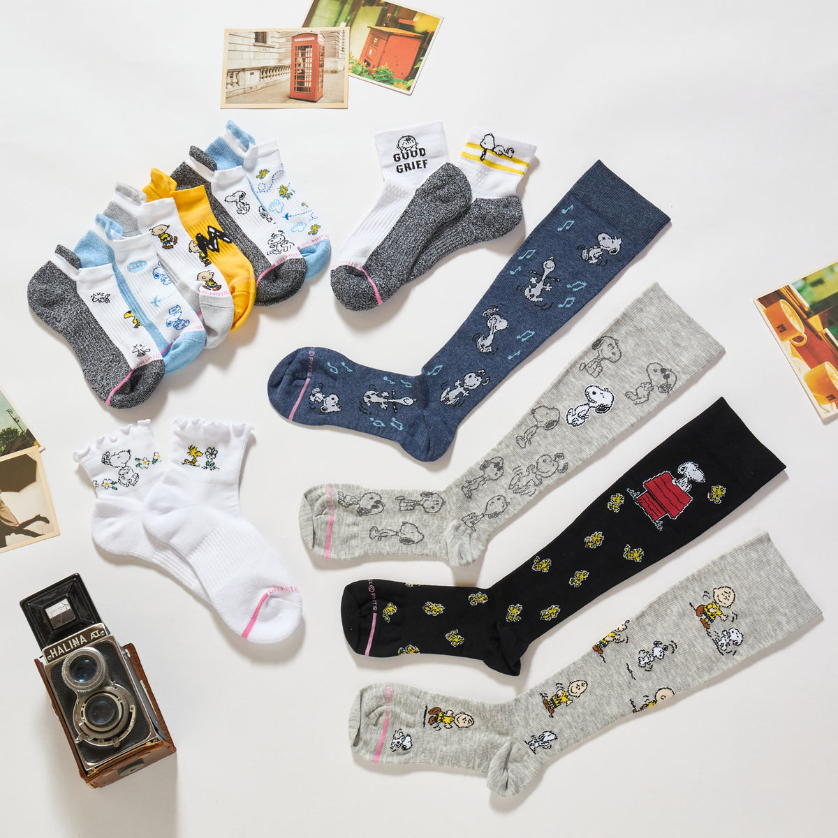 Flat lay of Dr. Motion Classics crew compression socks in three colorways