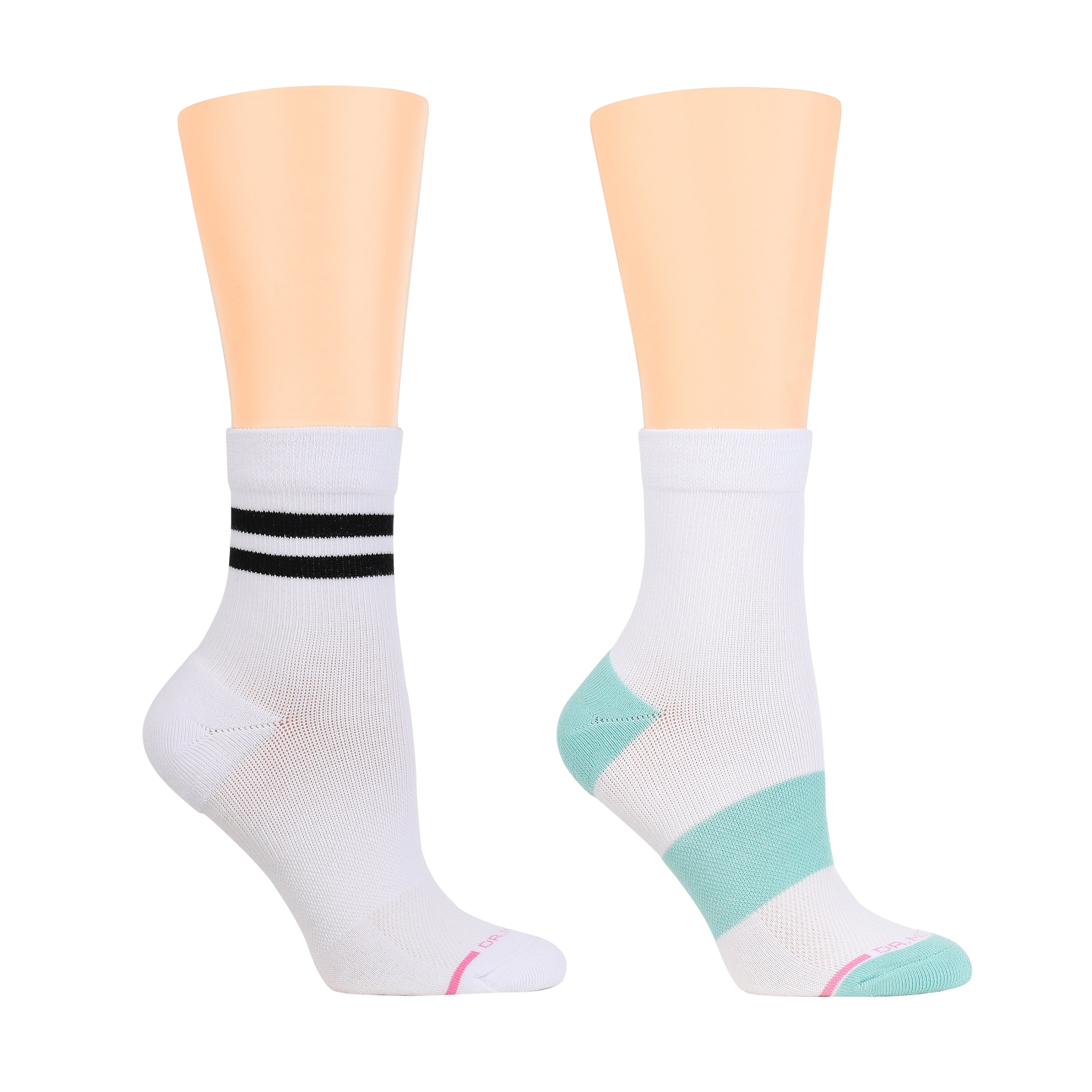 Mid-crew compression socks featuring a black double stripe on one and a mint green stripe on the other.