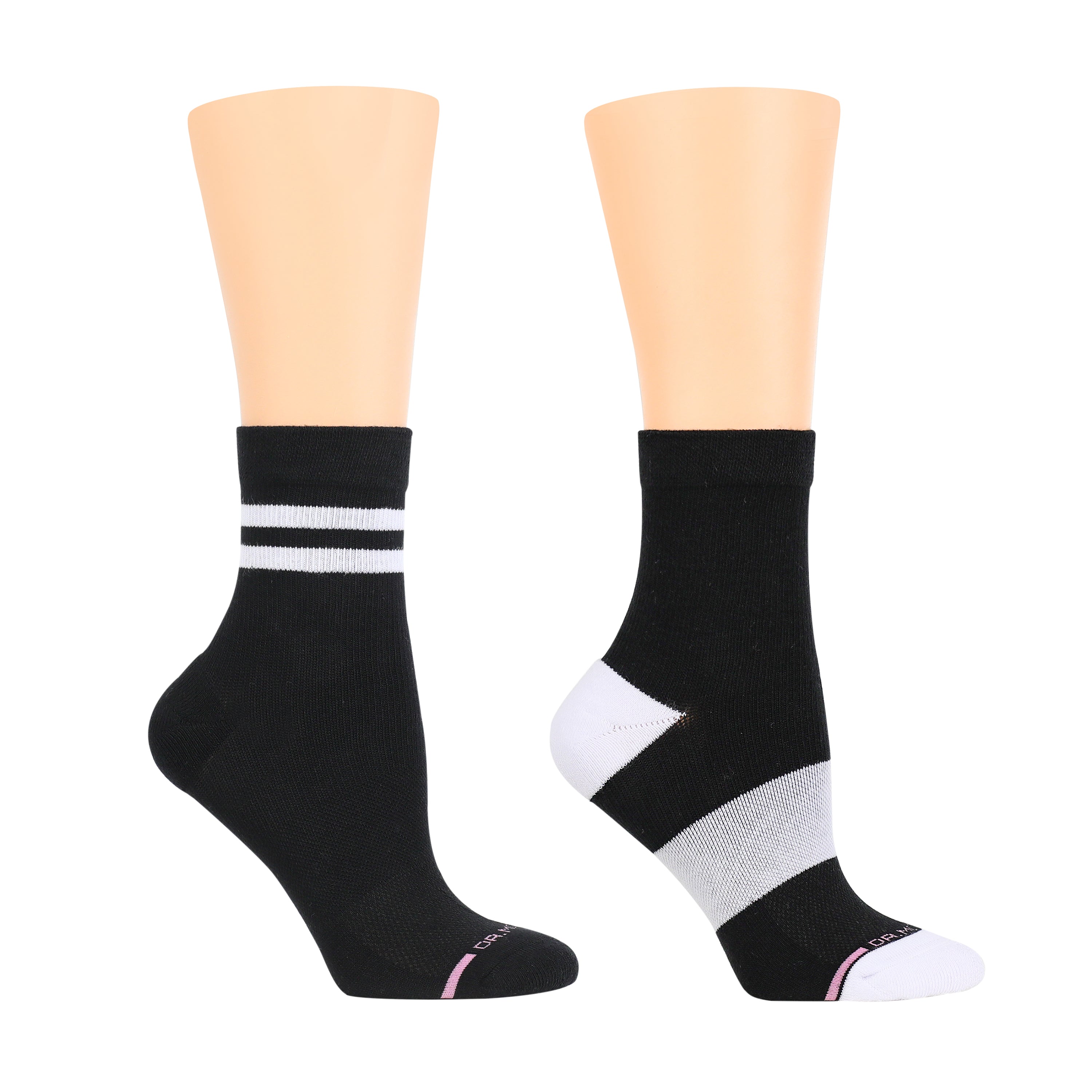 Black mid-crew compression socks featuring double stripes and contrasting designs on each sock.