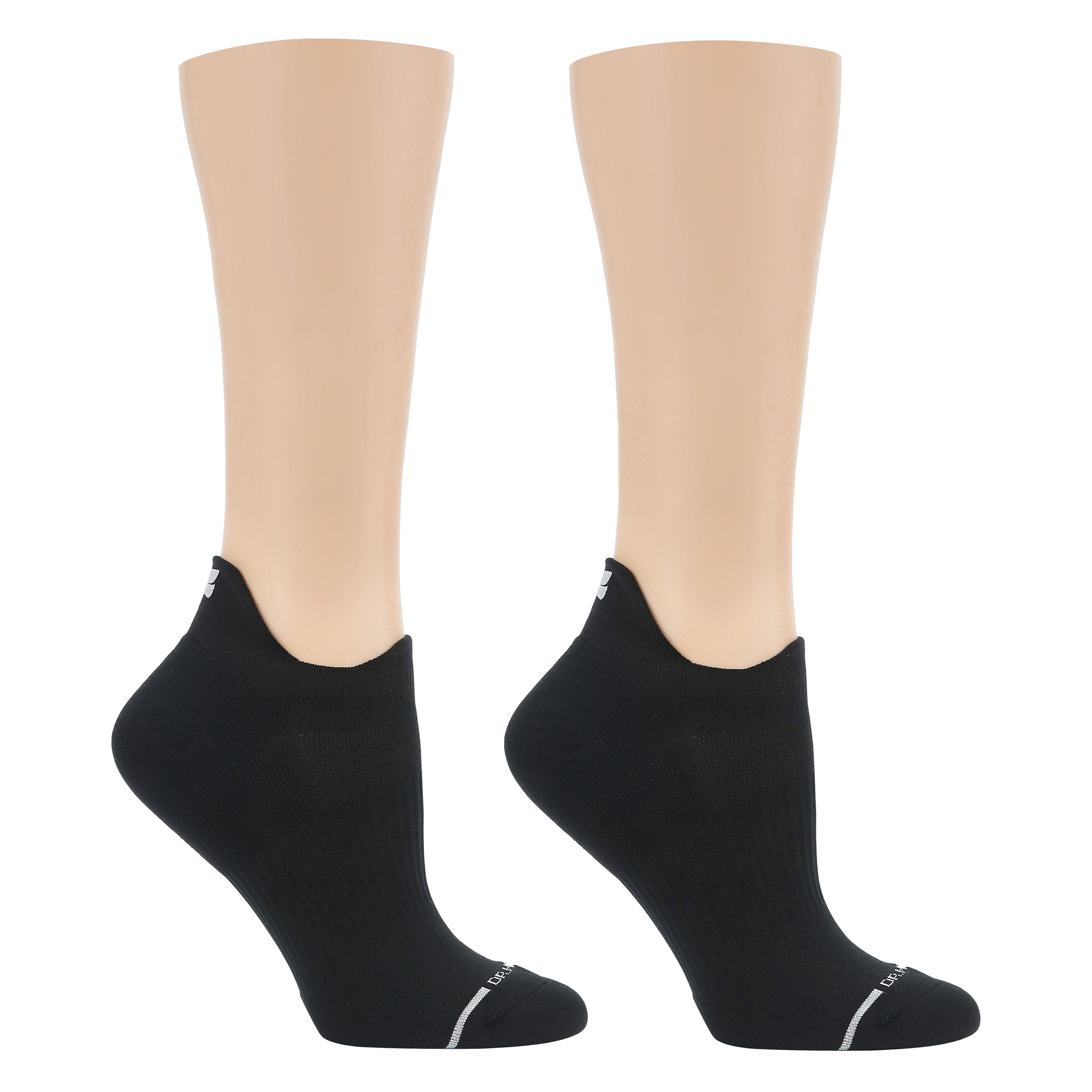 Black ankle compression socks with a plain knit design, displayed on mannequin legs.