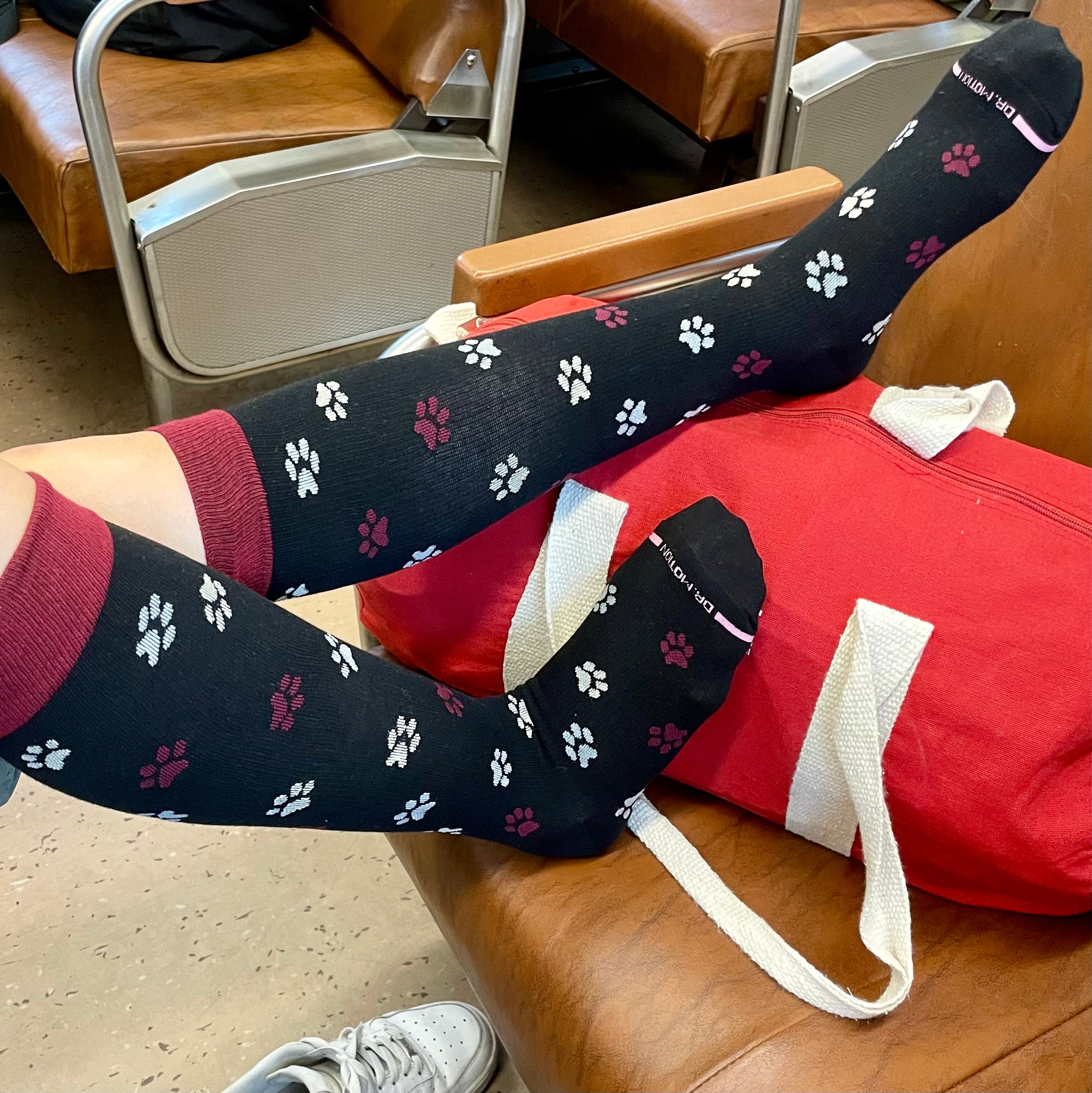 Knee-high black socks with colorful paw print patterns, resting on a red bag in a seating area.