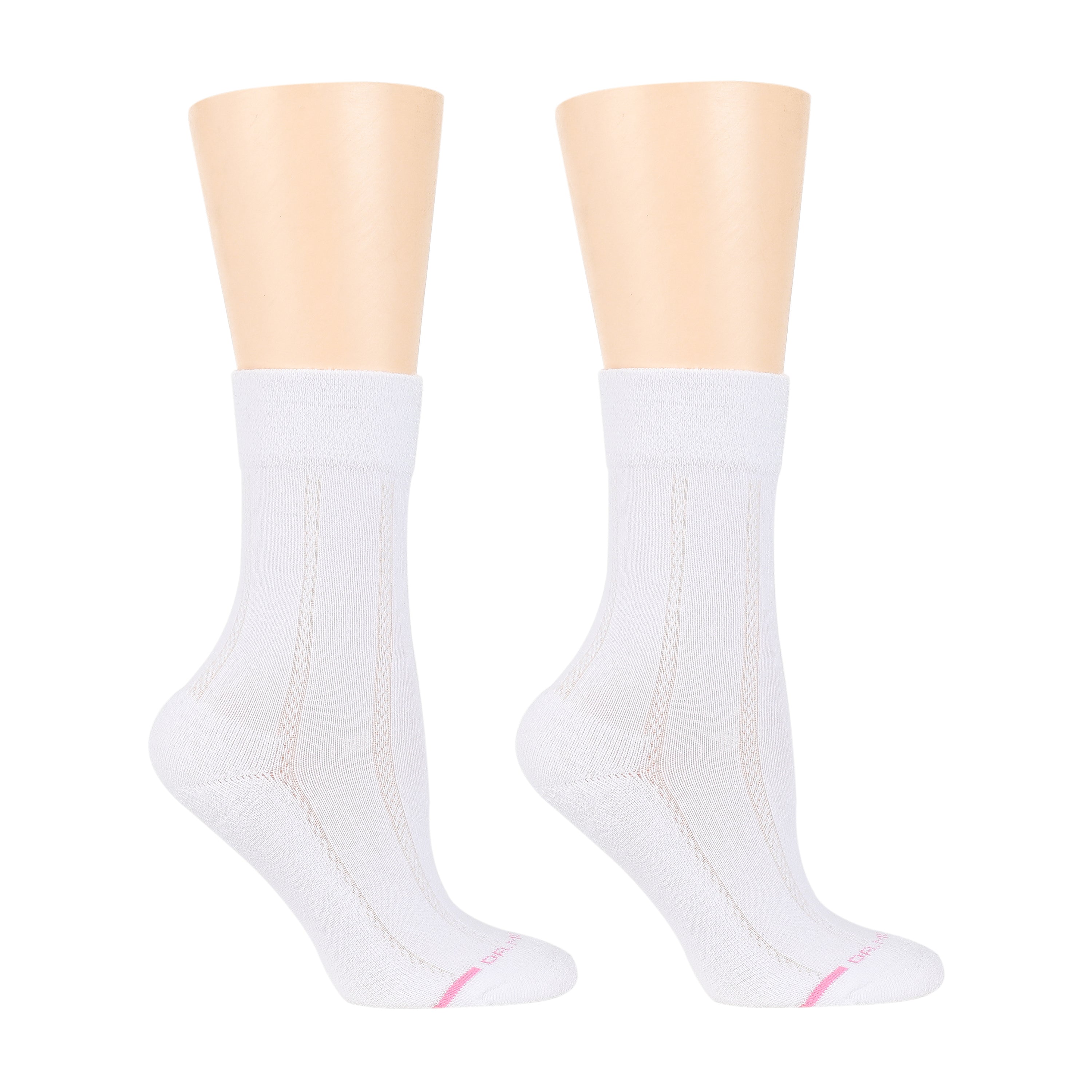 White half-cushion socks with textured columns and pink detailing, designed for women.