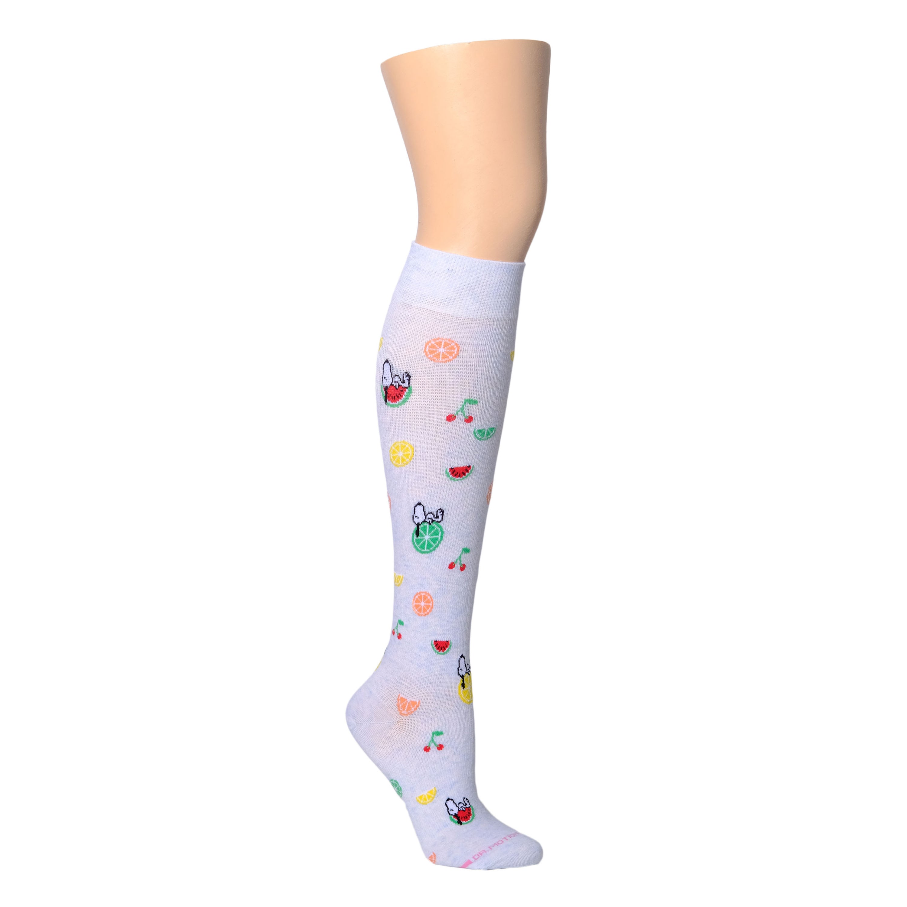 Knee-high compression socks with a light background and colorful fruit patterns.