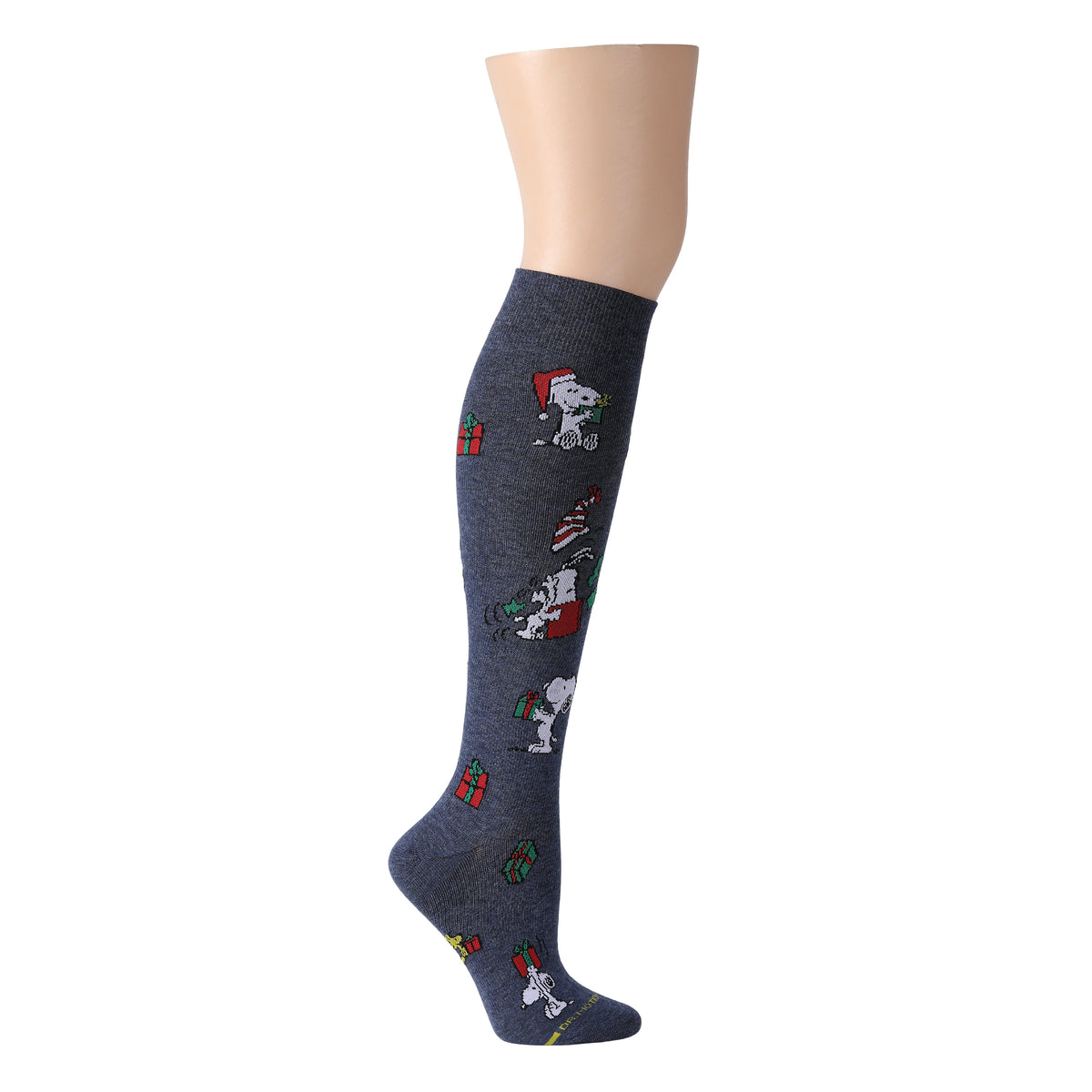 Denim heather knee-high compression socks featuring Peanuts characters with holiday presents.
