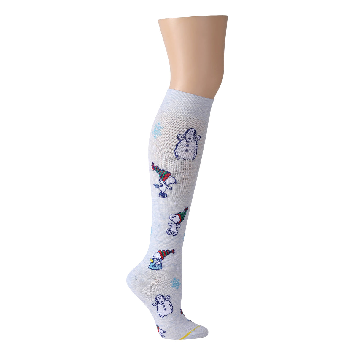 Pale blue heather knee-high compression socks featuring Snoopy and Woodstock winter designs.