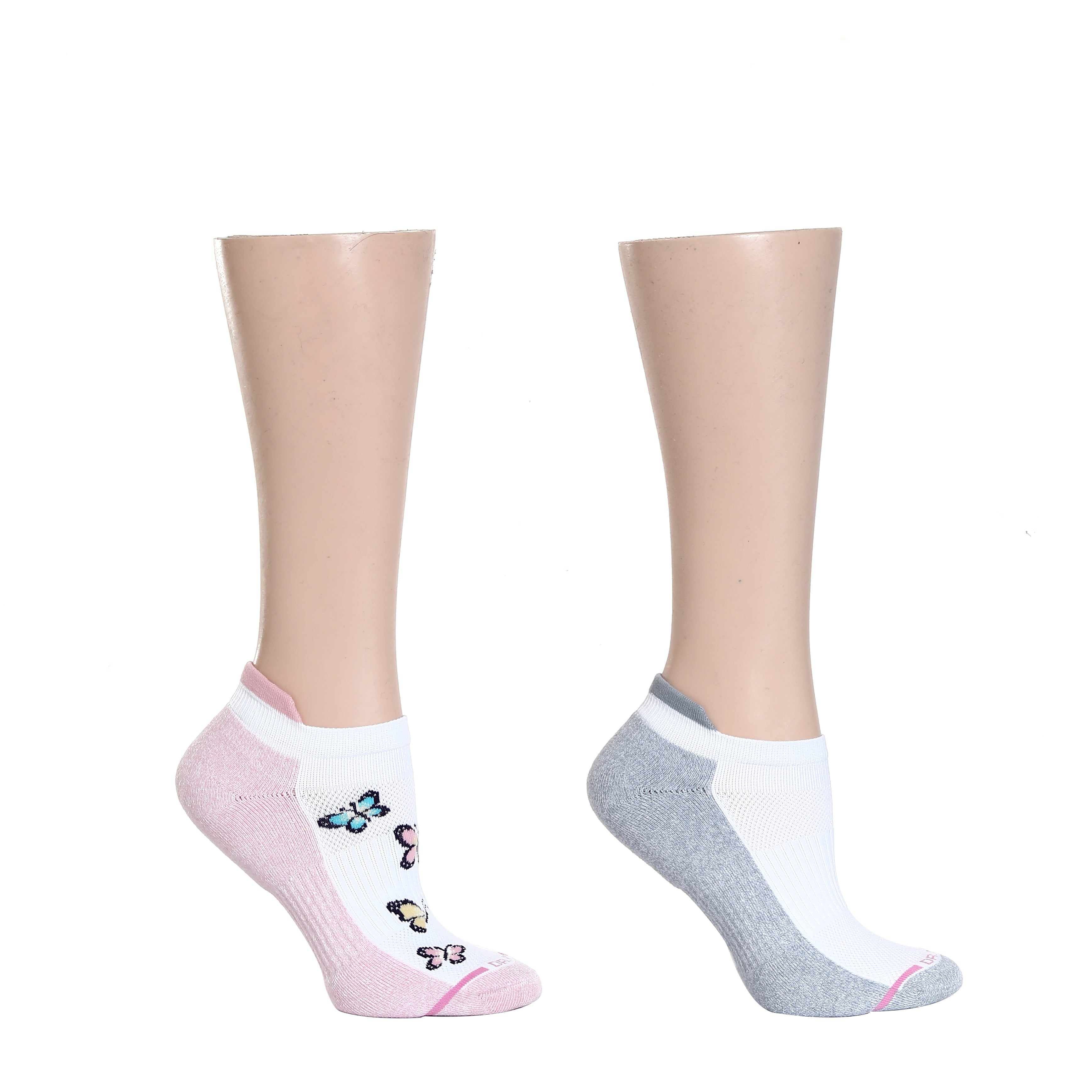 Ankle compression socks in pink and gray with butterfly designs, displayed on mannequin legs.