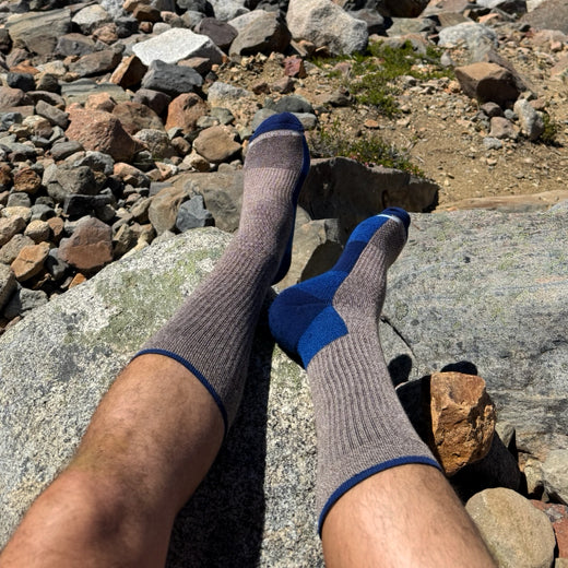 Brown marl outdoor compression socks worn after a hike