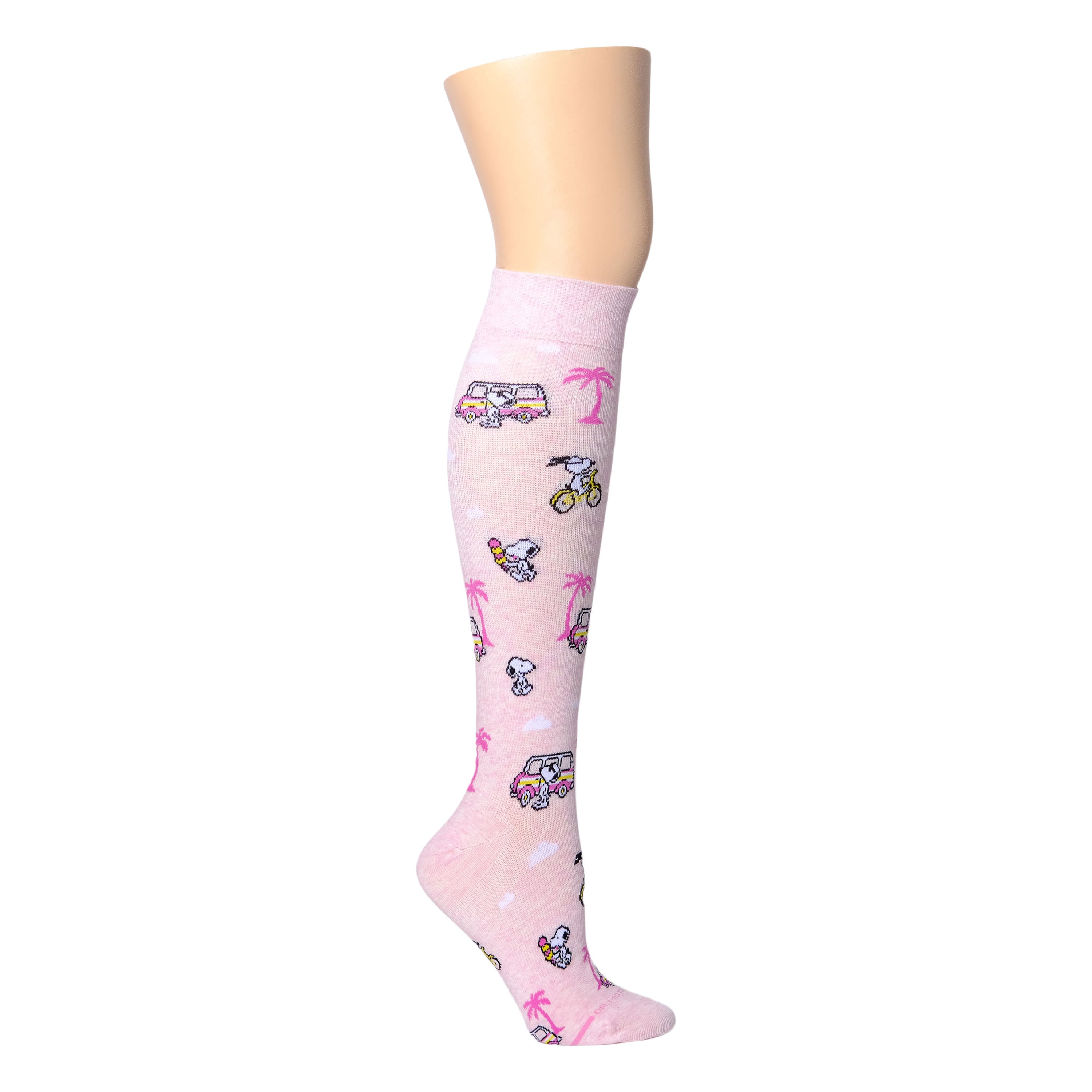 Knee-high pink compression socks featuring Snoopy and beach-themed designs.