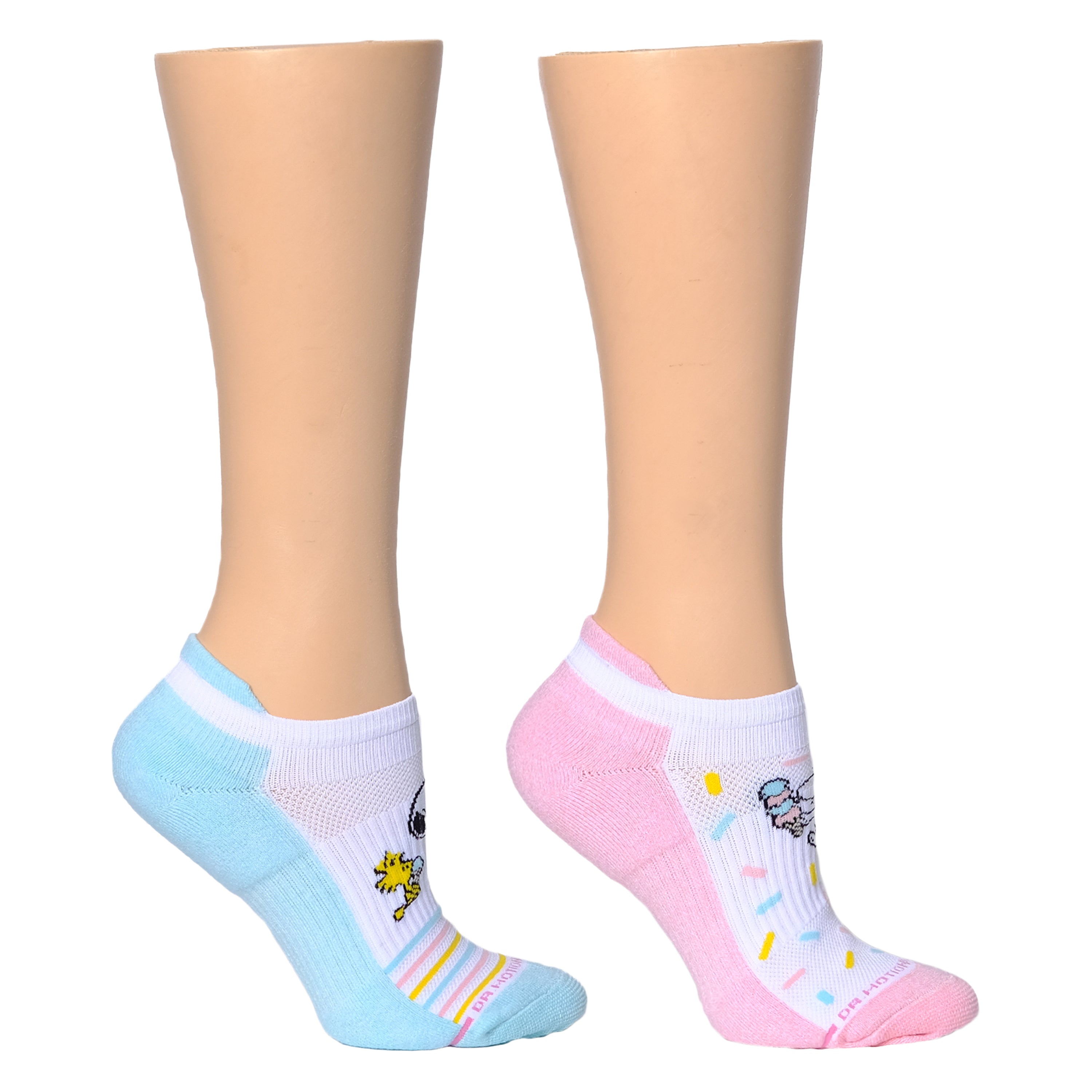 Ankle compression socks featuring Snoopy and Woodstock designs in blue and pink colors.