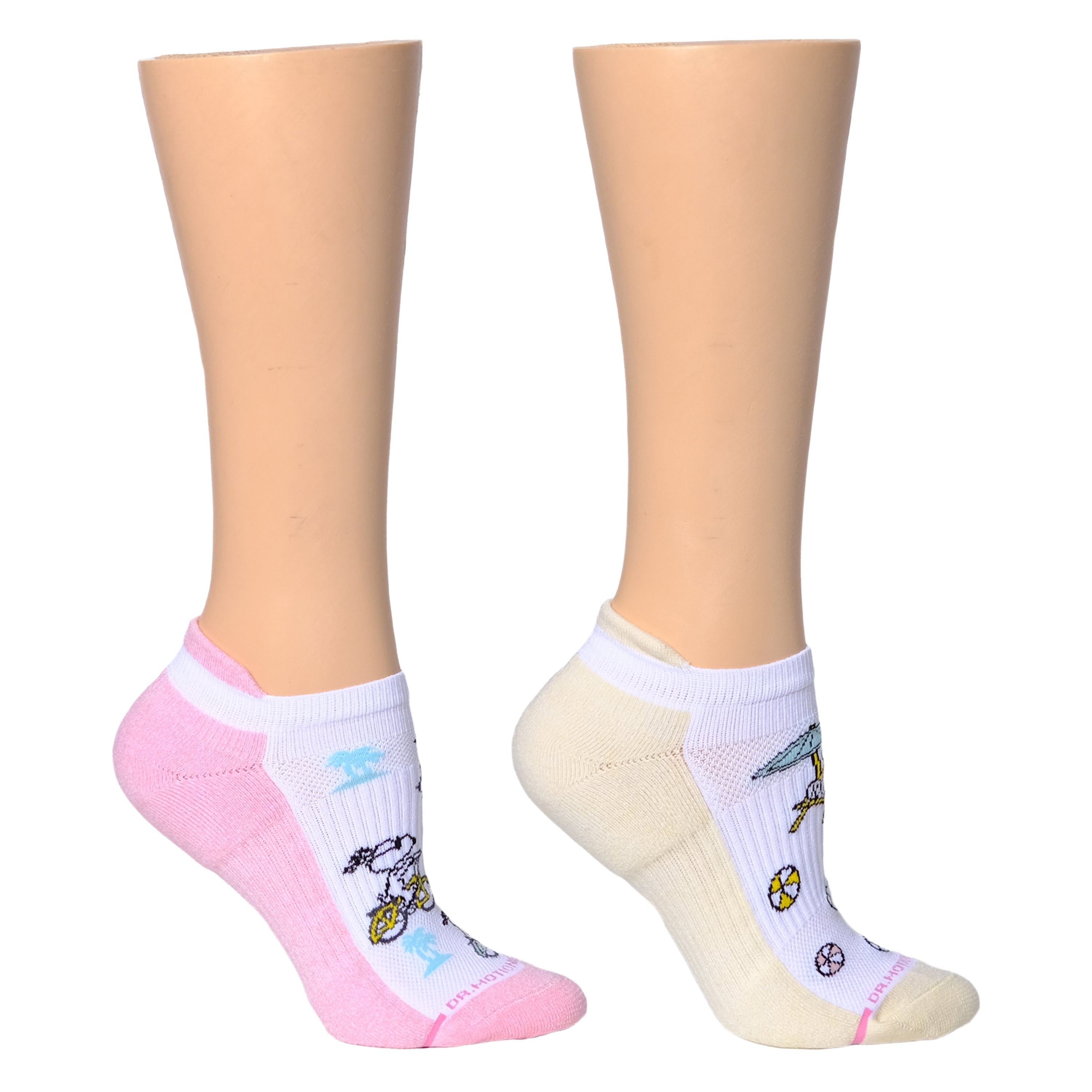 Ankle compression socks featuring Snoopy designs in pink and beige with white cuffs.