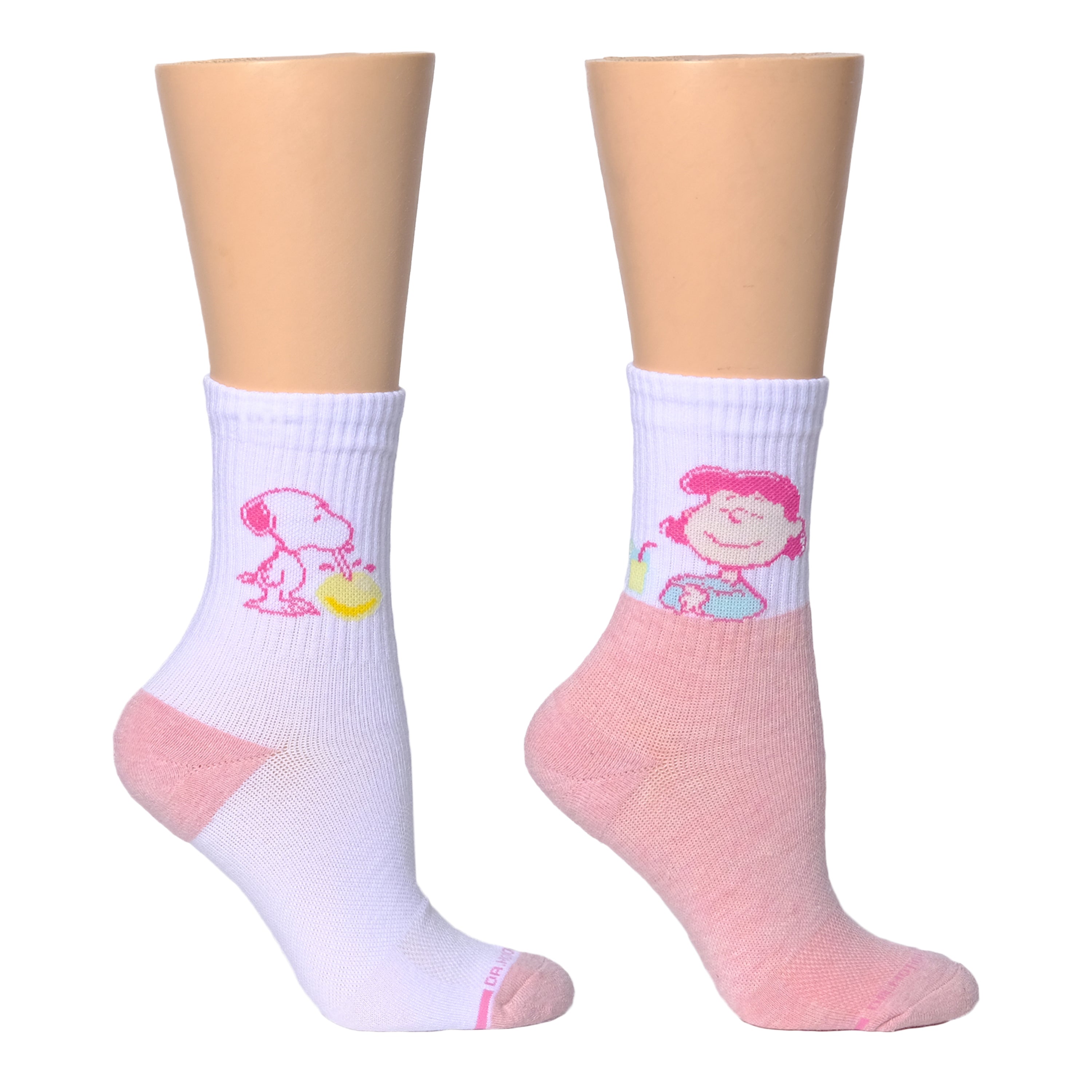 Mid-crew compression socks featuring Snoopy and a character with a drink, in white and pink colors.